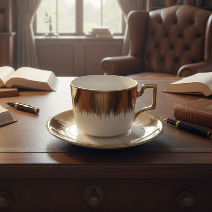 Gold - White Ceramic Cup and Saucer Set