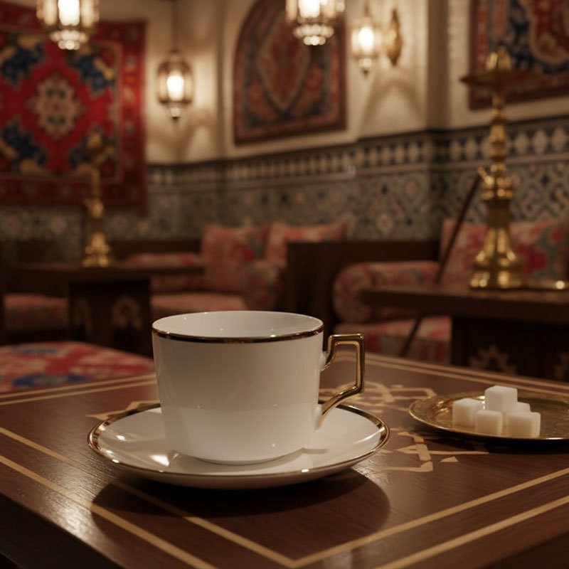 Gold-rimmed white ceramic cup and saucer set