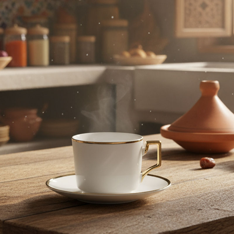 Gold-rimmed white ceramic cup and saucer set