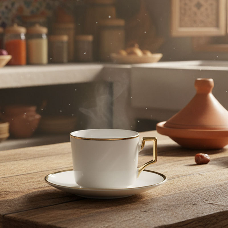 Gold-rimmed white ceramic cup and saucer set