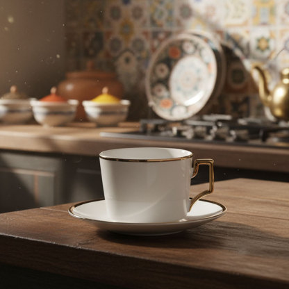 Gold-rimmed white ceramic cup and saucer set