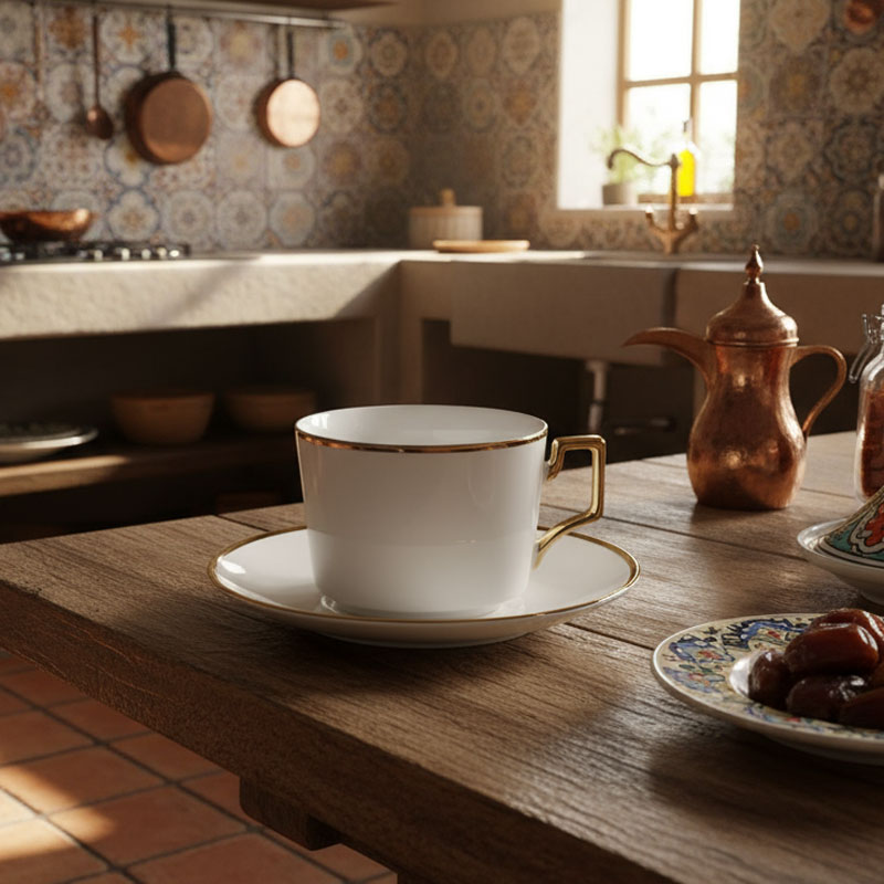 Gold-rimmed white ceramic cup and saucer set