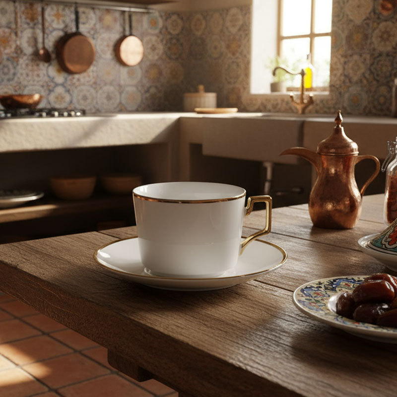 Gold-rimmed white ceramic cup and saucer set