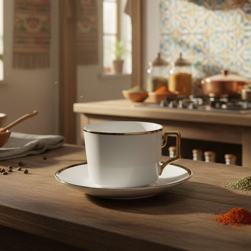 Gold-rimmed white ceramic cup and saucer set