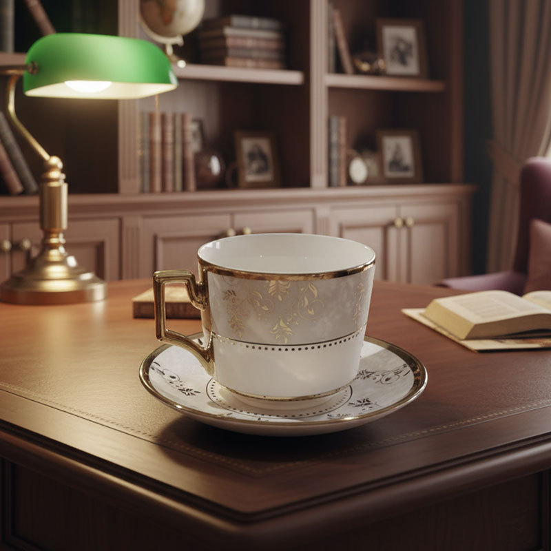 Gold Floral Ceramic Cup and Saucer Set