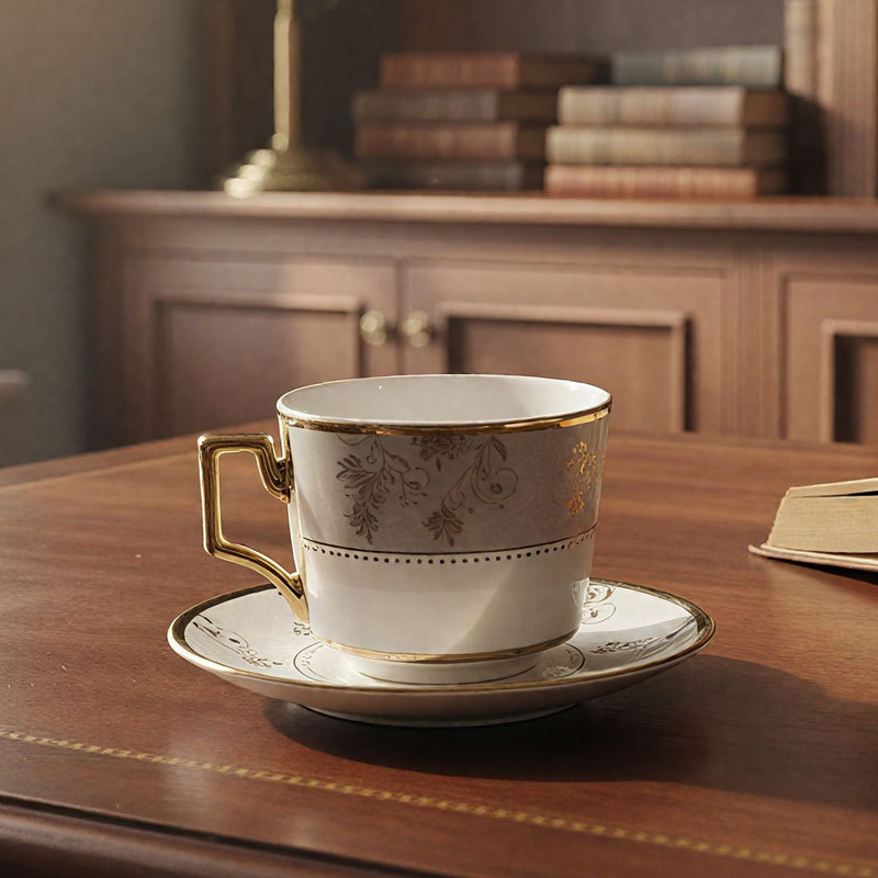 Gold Floral Ceramic Cup and Saucer Set