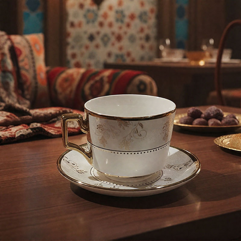 Gold Floral Ceramic Cup and Saucer Set