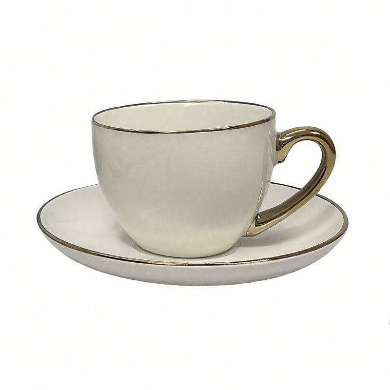 Gold-Trim Ceramic Coffee Cup and Saucer Set