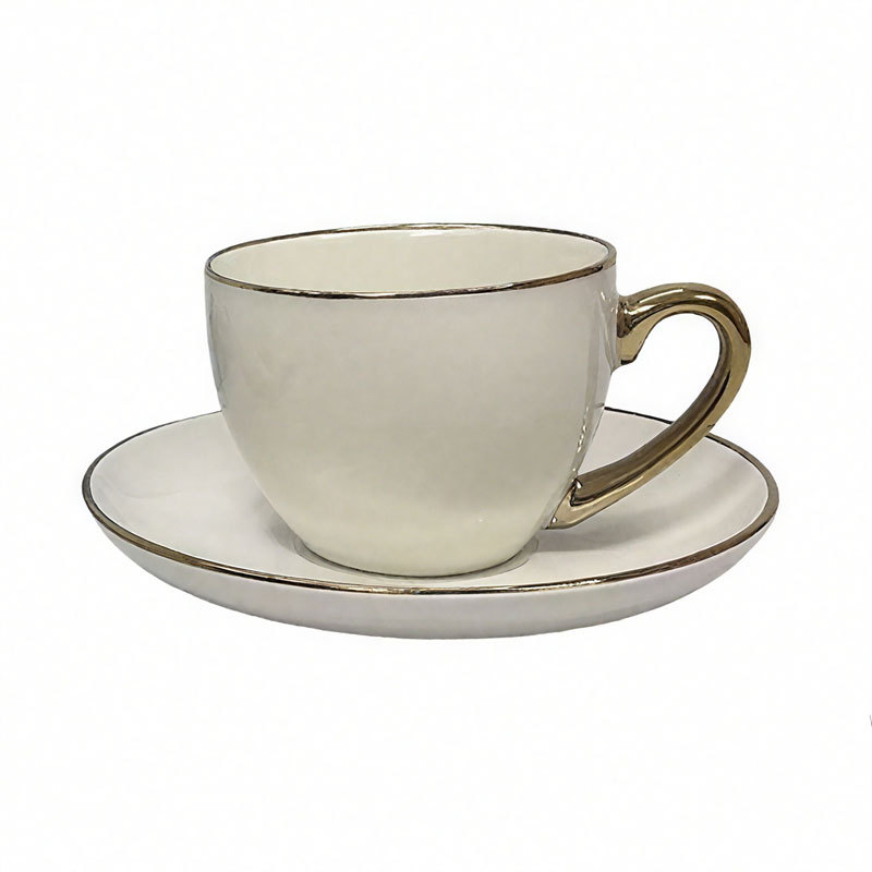 Gold-Trim Ceramic Coffee Cup and Saucer Set