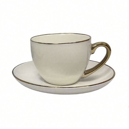 Gold-Trim Ceramic Coffee Cup and Saucer Set