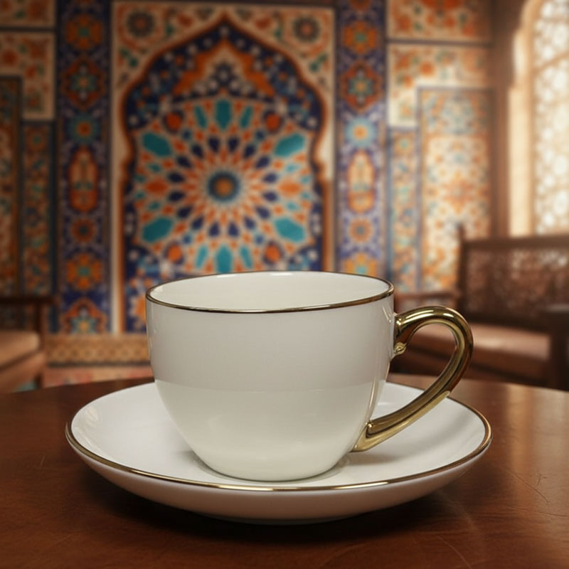 Gold-Trim Ceramic Coffee Cup and Saucer Set