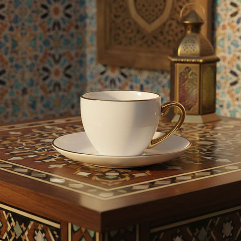Gold-Trim Ceramic Coffee Cup and Saucer Set