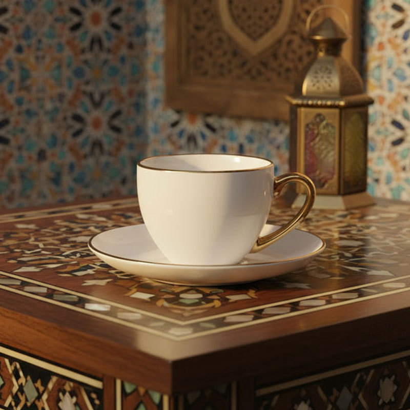 Gold-Trim Ceramic Coffee Cup and Saucer Set