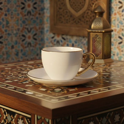 Gold-Trim Ceramic Coffee Cup and Saucer Set