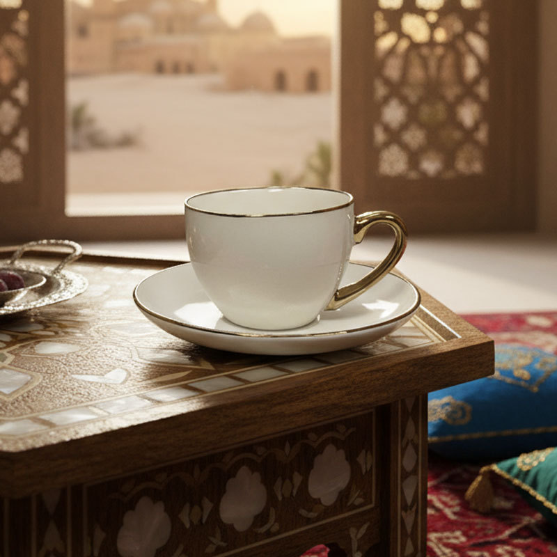 Gold-Trim Ceramic Coffee Cup and Saucer Set