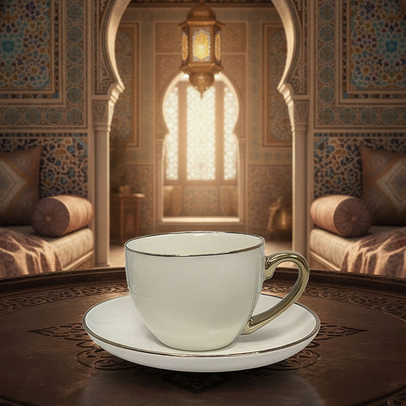 Gold-Trim Ceramic Coffee Cup and Saucer Set