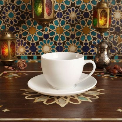 White Ceramic Coffee Cup and Saucer Set