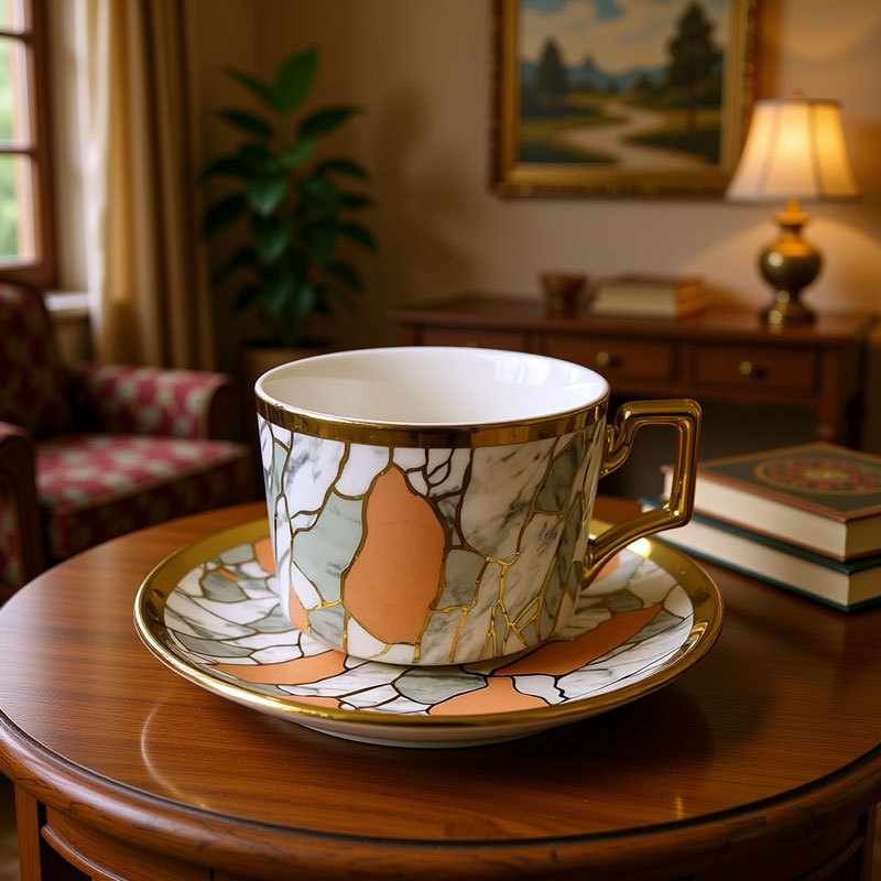 Marble Pattern Gold - Rimmed Cup Saucer Set