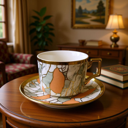 Marble Pattern Gold - Rimmed Cup Saucer Set