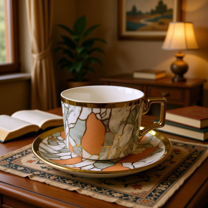 Marble Pattern Gold - Rimmed Cup Saucer Set