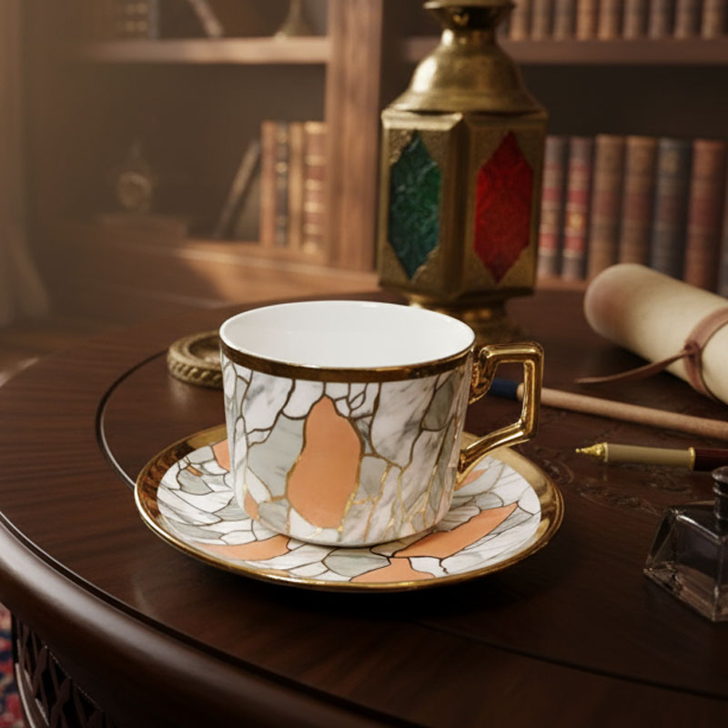 Marble Pattern Gold - Rimmed Cup Saucer Set