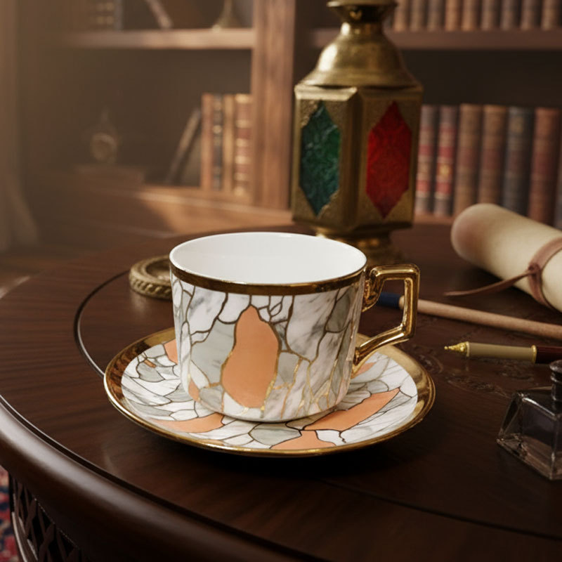 Marble Pattern Gold - Rimmed Cup Saucer Set