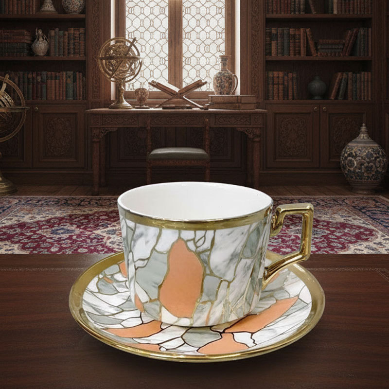 Marble Pattern Gold - Rimmed Cup Saucer Set
