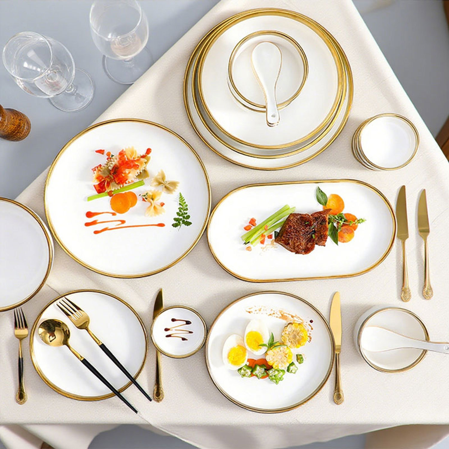 European Gold-Rimmed Bone Tableware Set