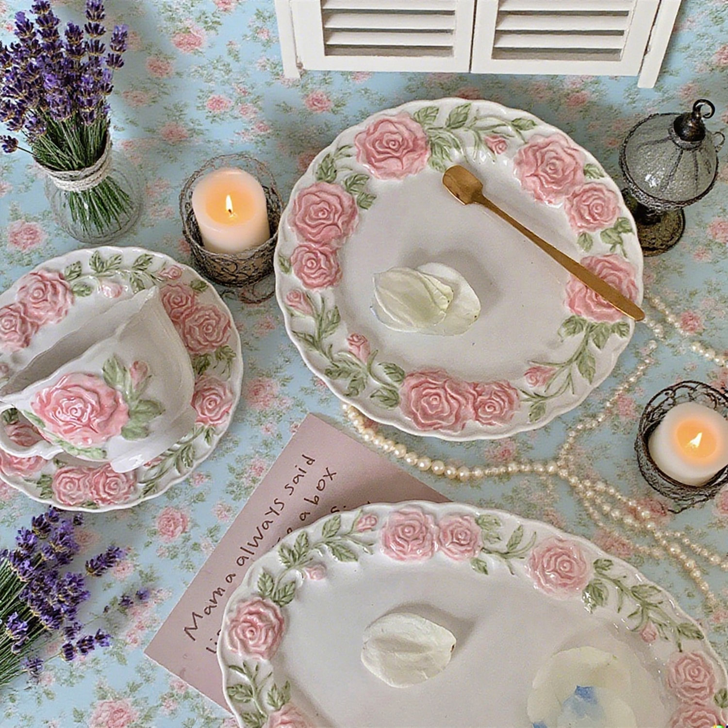 Relief Hand-painted Rose Tableware Set