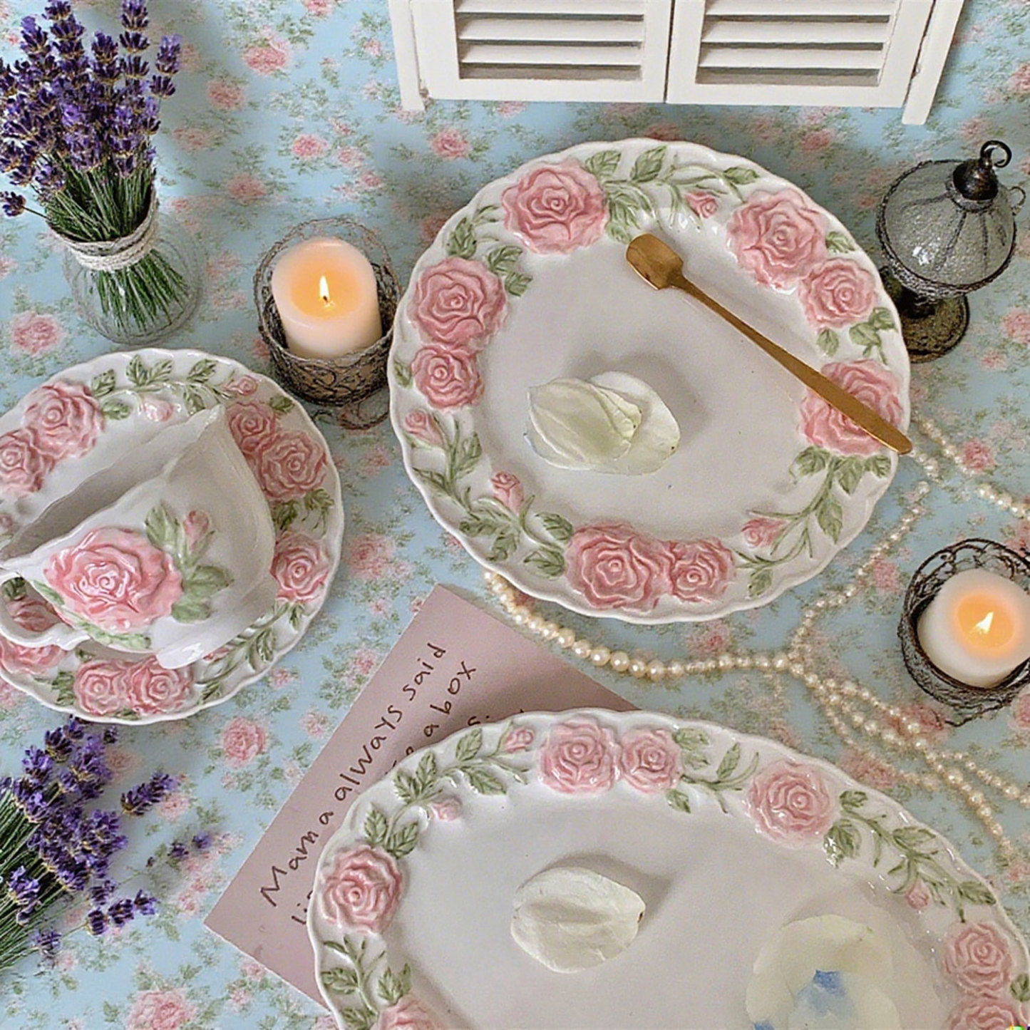 Relief Hand-painted Rose Tableware Set