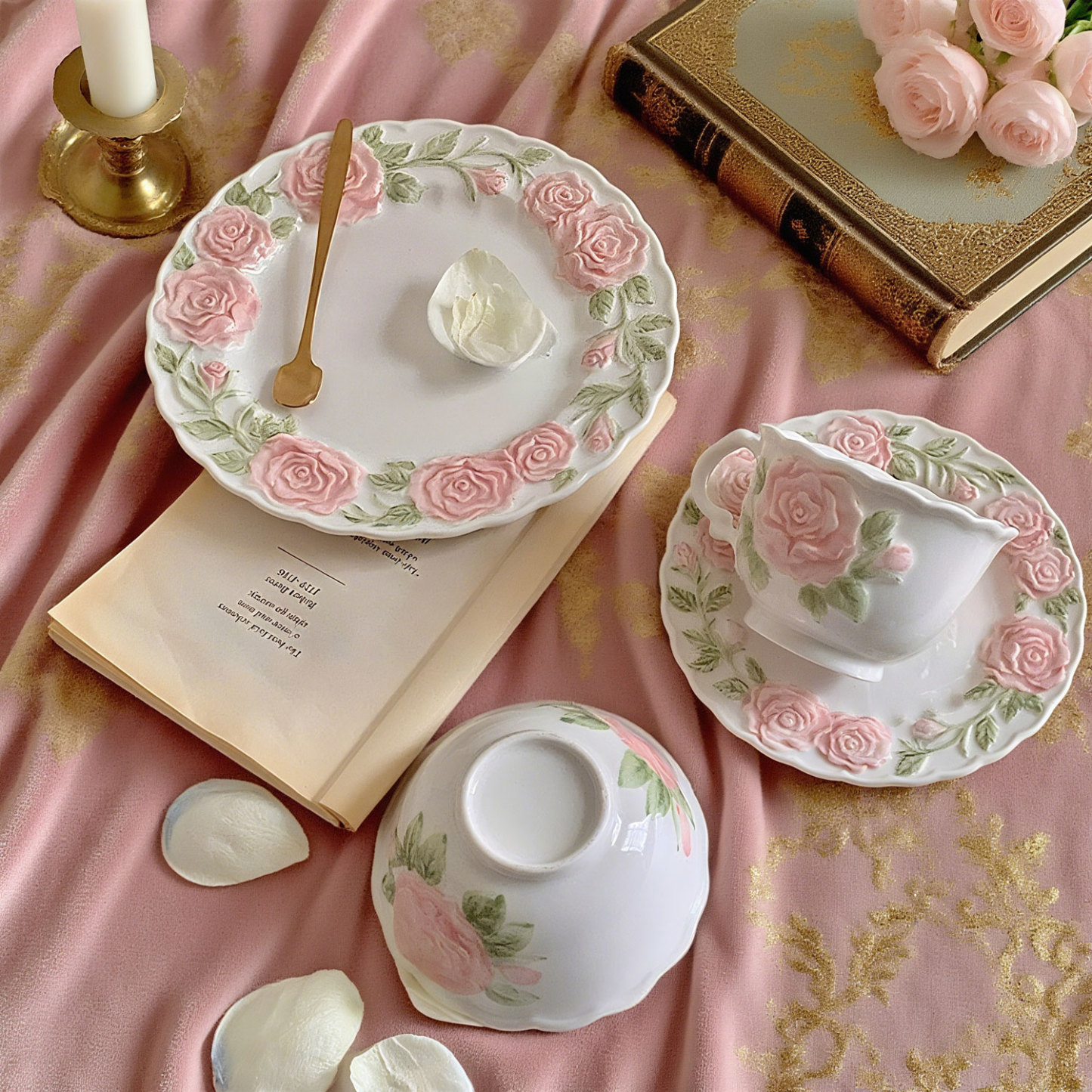 Relief Hand-painted Rose Tableware Set