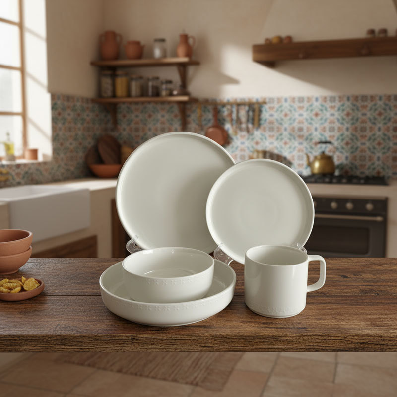 White Embossed Ceramic Dinnerware Set