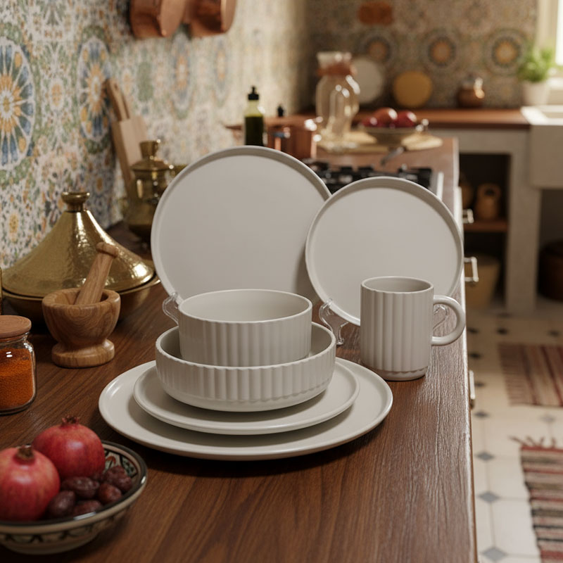 Beige Fluted Ceramic Dinnerware Set