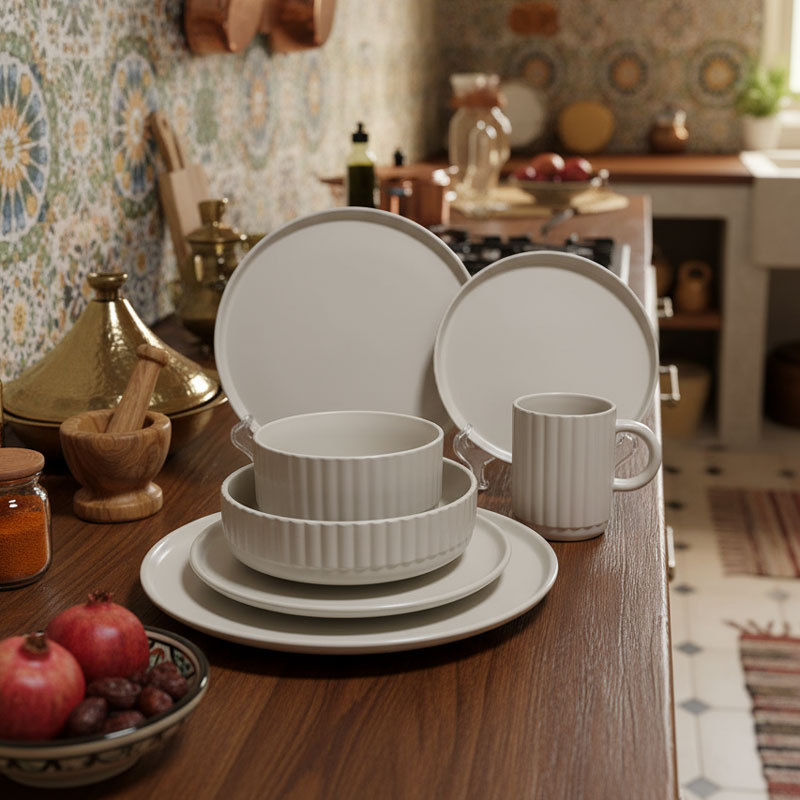 Beige Fluted Ceramic Dinnerware Set
