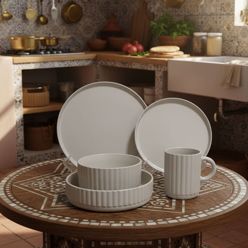 Beige Fluted Ceramic Dinnerware Set