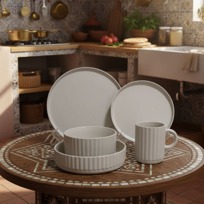 Beige Fluted Ceramic Dinnerware Set