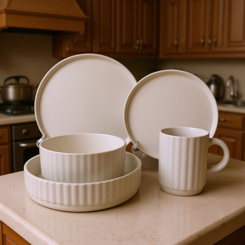 Beige Fluted Ceramic Dinnerware Set
