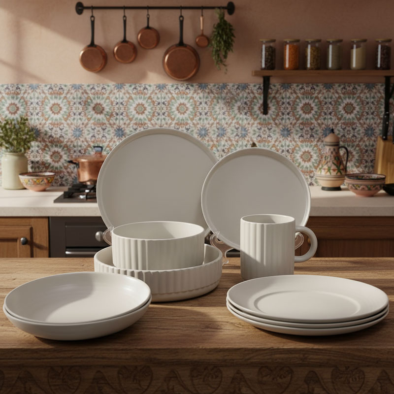 Beige Fluted Ceramic Dinnerware Set