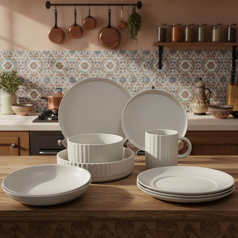 Beige Fluted Ceramic Dinnerware Set