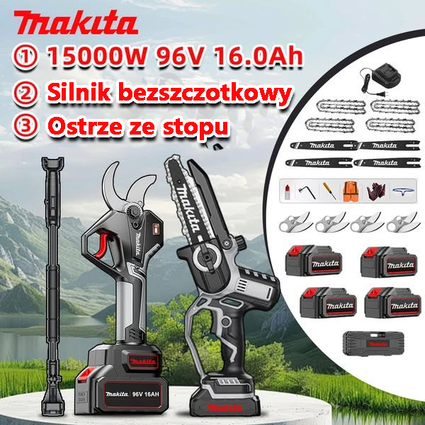 Kombinacja podkaszarki Makita 15000W i piły łańcuchowej 15000W z silnikiem bezszczotkowym i akumulatorem litowo-jonowym