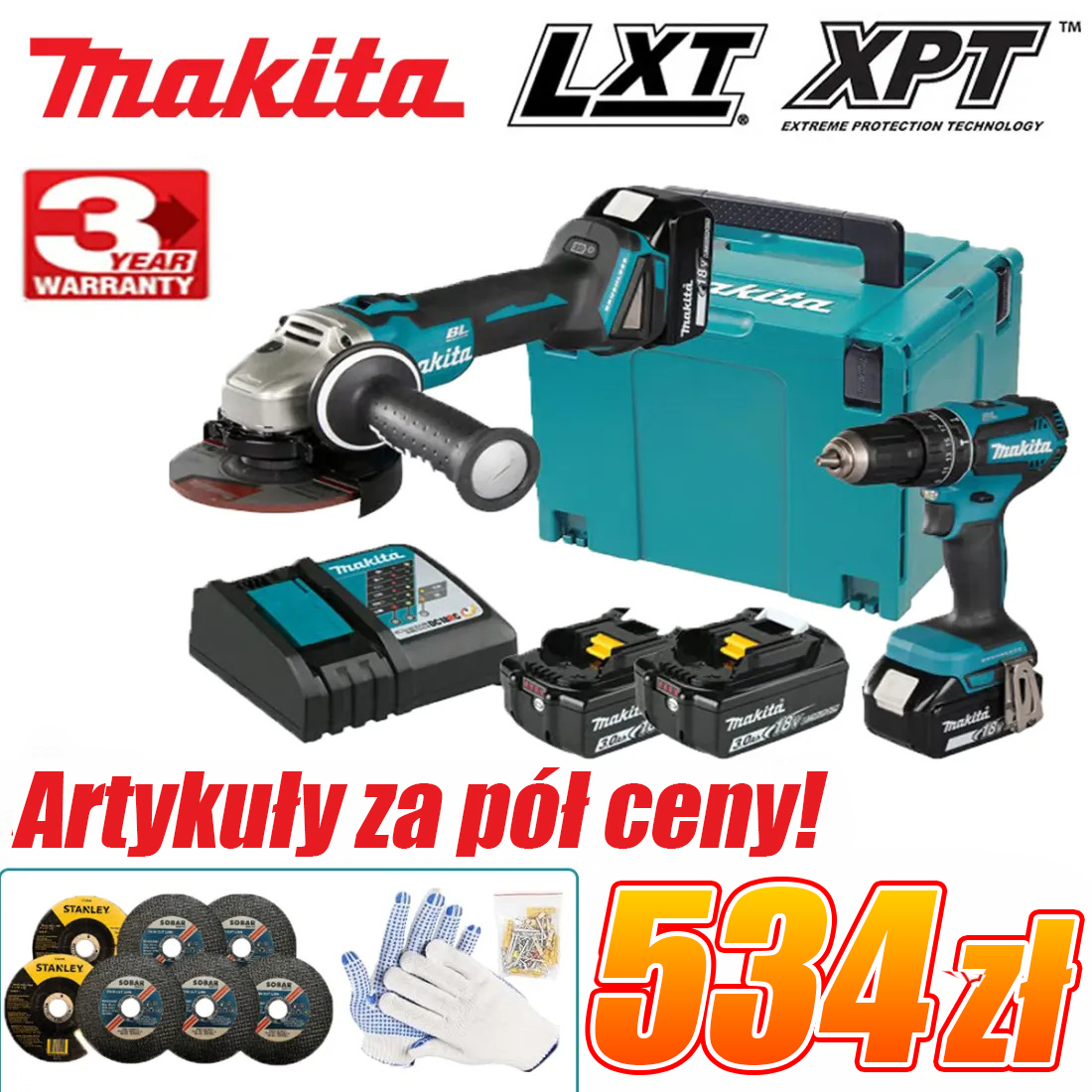 Makita 100th Anniversary Promotional Set: Impact Drill + Angle Grinder for only PLN 534! Limited edition of 200 pieces.