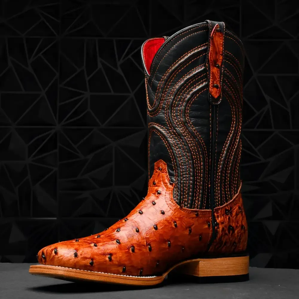 Kozačky z pštrosí kůže v koňakové barvě - hranatá špička