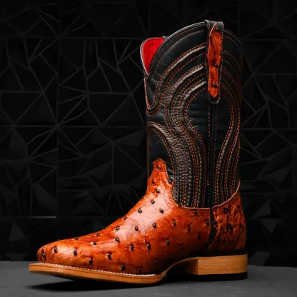 Kozačky z pštrosí kůže v koňakové barvě - hranatá špička