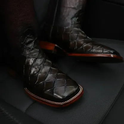 Vínové kožené boty Pirarucu – čtvercová špička