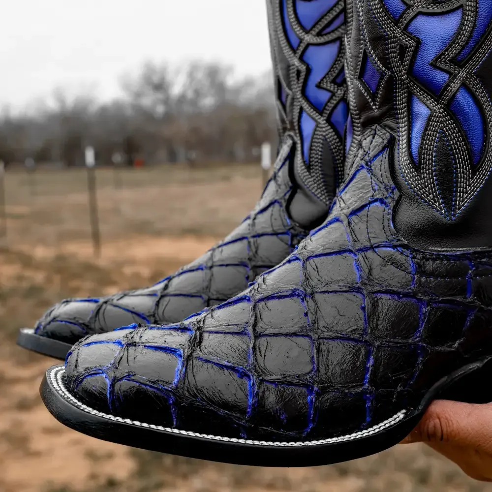 Černo-modré kožené boty Pirarucu - hranatá špička