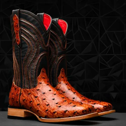 Kozačky z pštrosí kůže v koňakové barvě - hranatá špička