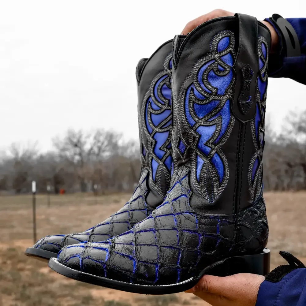 Černo-modré kožené boty Pirarucu - hranatá špička