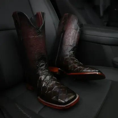 Vínové kožené boty Pirarucu – čtvercová špička