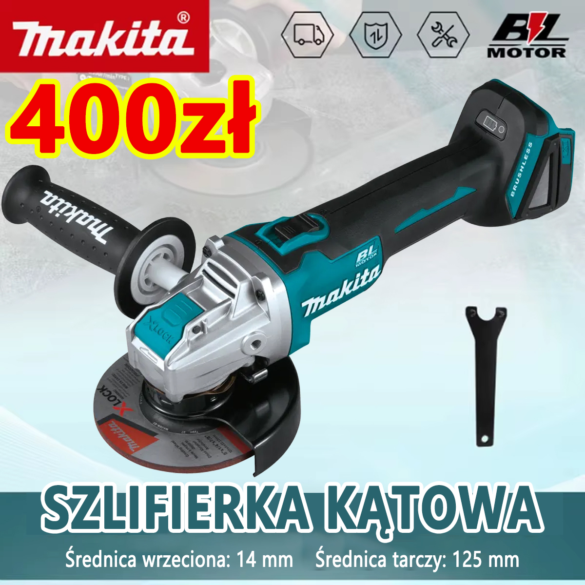Obchody 110-lecia firmy Makita —Bezszczotkowa szlifierka kątowa 18 V LXT® Li-Ion X-LOCK (tarcze 115 mm / 125 mm) z systemem AFT® – samo narzędzie