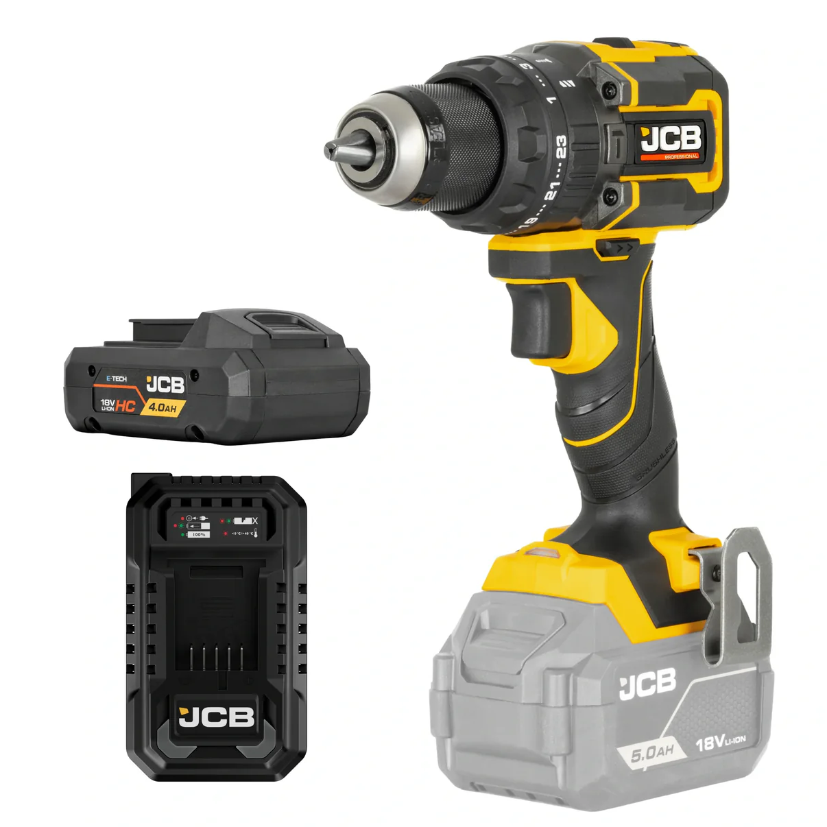 Wiertarko-wkrętarka akumulatorowa JCB 18V 75 Nm – Brushless z udarem